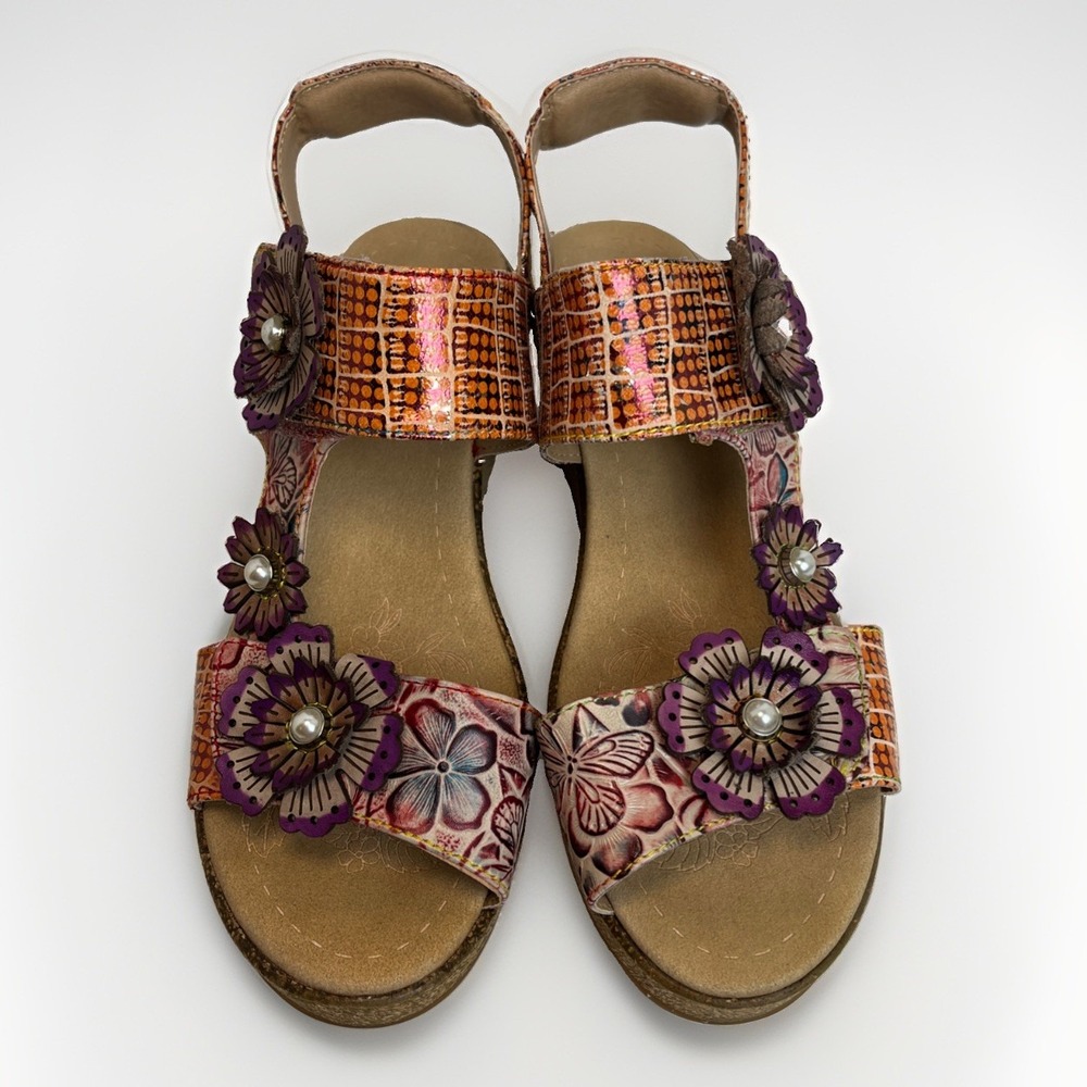 Spring Step L'Artiste New Radd-Geo Wedge Sandals Leather Floral Womens Size 7.5